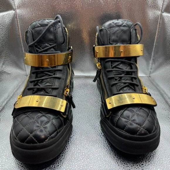 Size 40 - Giuseppe Zanotti Womens Black Leather High Top‎ Gold Quilted Sneakers - Picture 2 of 9